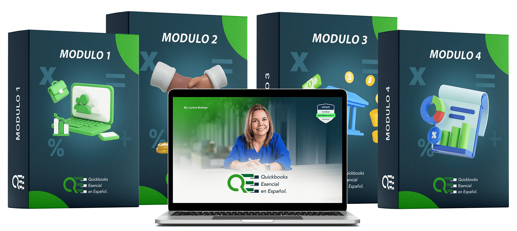 Módulos y caja del curso QuickBooks Esencial en Español por Luzma Bedoya